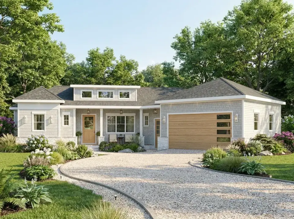 Classic Coastal Shingle facade variation of Plan 25946GE with light grey cedar shake siding, crisp white trim, a white stone base, wood garage and front doors, a gravel driveway and a lush garden of hydrangeas, hostas and ornamental grasses