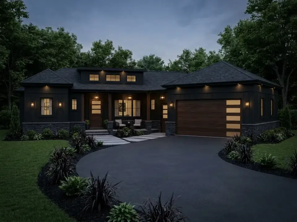 Dramatic Night Noir facade variation of Plan 25946GE with black vertical siding, a dark stone base, a wood garage door with frosted glass panels, integrated soffit lighting, a dark asphalt driveway, concrete pavers and dark mulch with dramatic foliage plants