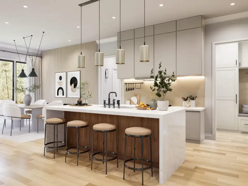 Hall and entry render of Plan 25946GE showing clean contemporary millwork, warm wood floors and the connection between the foyer and the open living core
