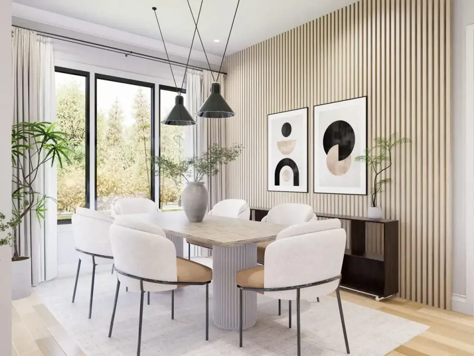 Kitchen island render of Plan 25946GE with seating, pendant lighting and view through to the open living core