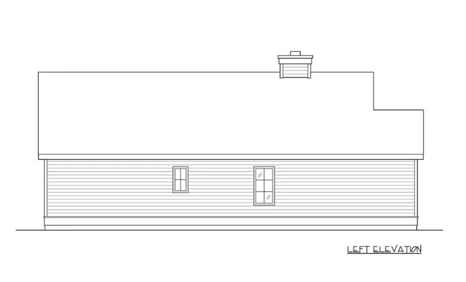 Plan 22103SL rear elevation — simple rectangular form with paired double-hung bedroom windows and a service door from the laundry zone.