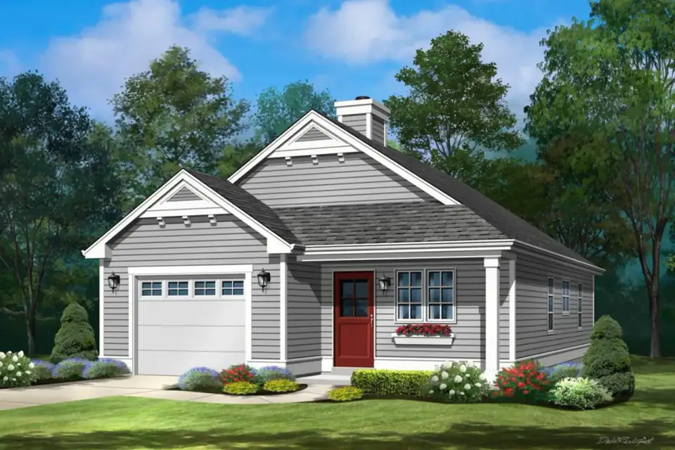 Plan 22103SL left elevation — fireplace chimney chase visible on the interior wall, kitchen window, and continuous lap siding.