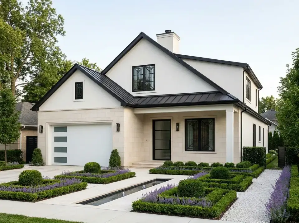 Plan 22103SL facade variant 1 — modern European manor in pale stucco with dark standing-seam metal roof, black window grilles, frosted-glass garage door, and a formal boxwood-and-lavender front garden.