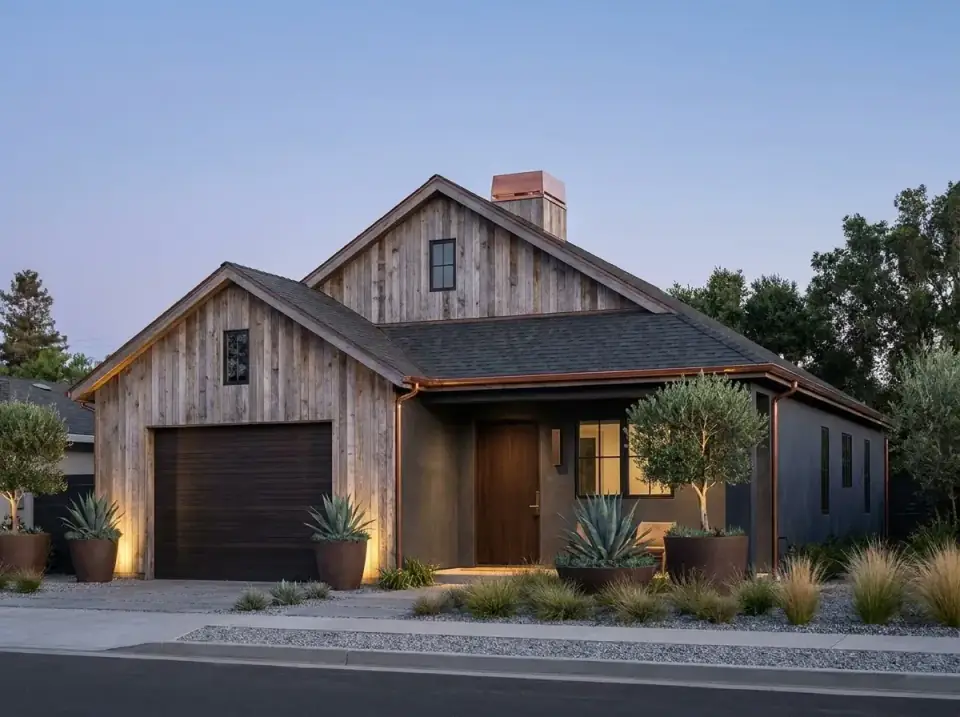 Plan 22103SL facade variant 3 — rustic contemporary cottage in weathered natural wood cladding over earth-toned plaster, with copper gutters, dark wood garage door, potted olive trees, sculptural agave, and gravel mulch.