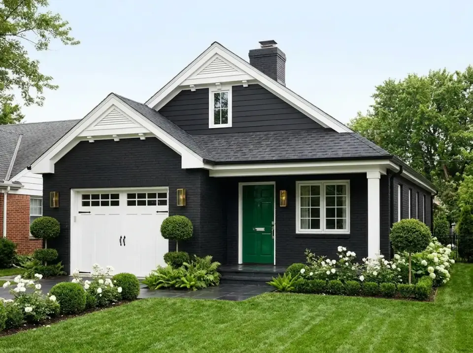 Plan 22103SL facade variant 4 — classic colonial cottage with high-contrast black-and-white siding, deep green entry door, brass hardware, white carriage-style garage door, and formal topiary spheres framing a dark stone walk.