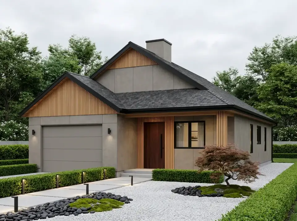Plan 22103SL facade variant 5 — Japandi zen cottage with smooth gray stucco, warm cedar slatting, dark shingle roof, raked white gravel and black river stone dry garden, and a single specimen Japanese maple.