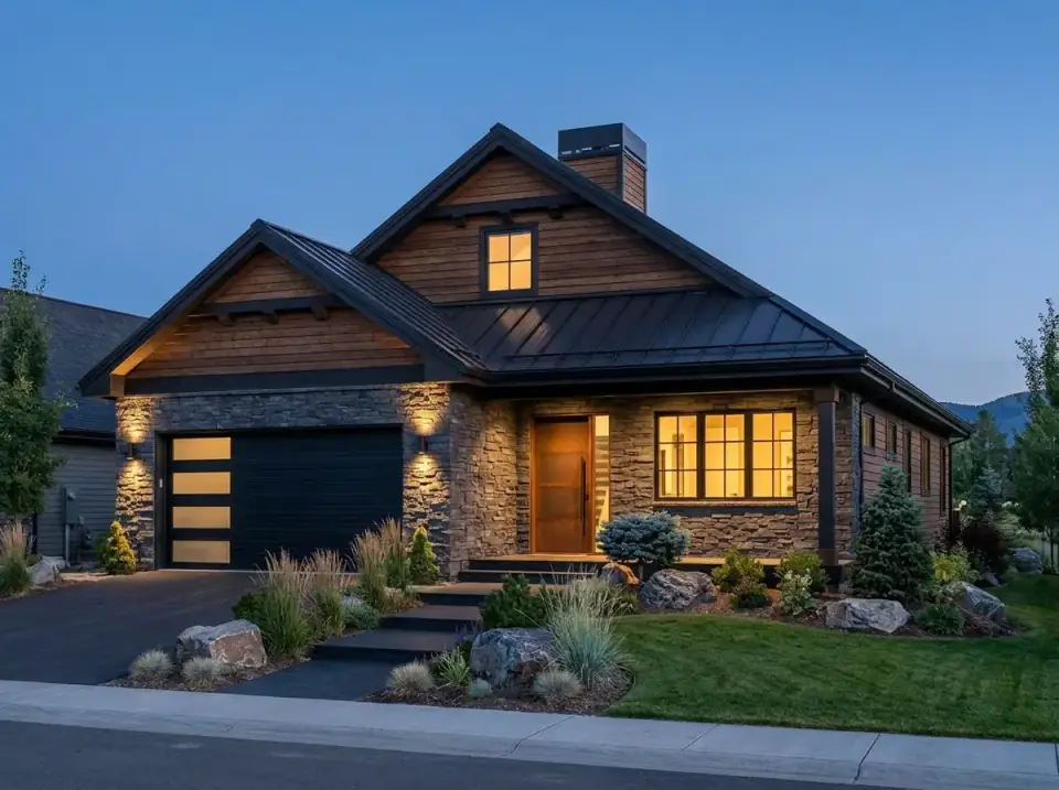 Plan 22103SL facade variant 6 — mountain lodge cottage with heavy timber-style siding, fieldstone veneer, dark metal roof, deep eaves, native grasses, boulders, and evergreen shrubs blurring the line between built form and terrain.