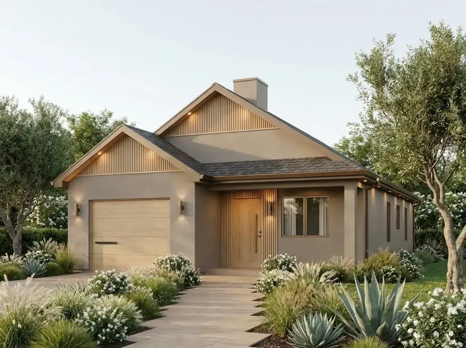 Plan 22103SL facade variant 7 — California casual cottage with warm plaster walls, light cedar garage and gable accents, shingle roof, agave and ornamental grasses, and a pale concrete walk leading to a slatted wood entry door.