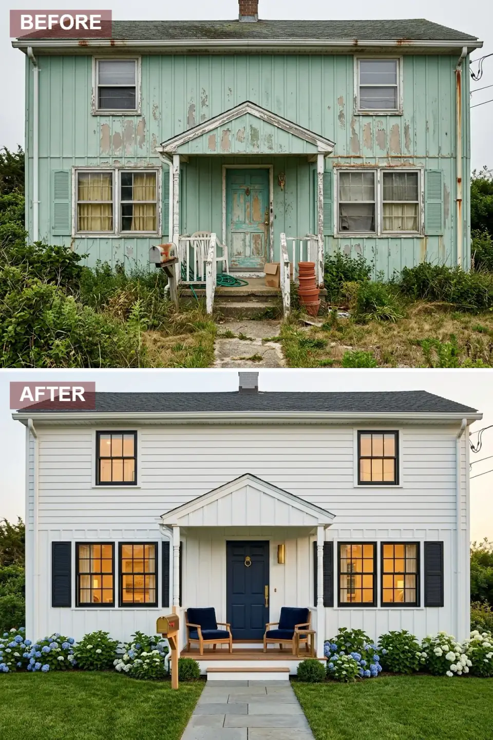 Classic American home renovated with crisp white clapboard siding, black window frames, a navy front door, and symmetric hydrangea beds for coastal curb appeal