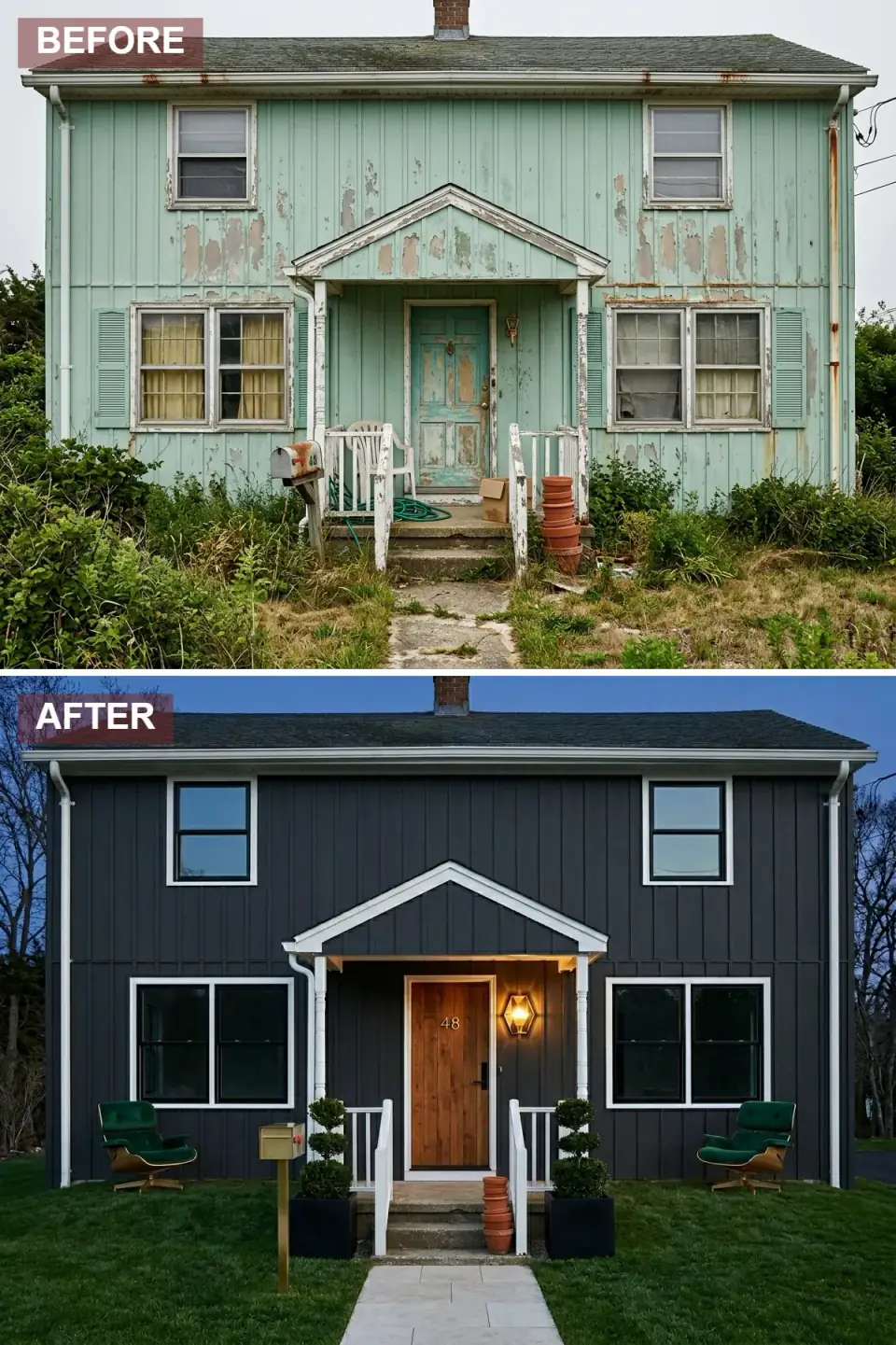 Traditional home reclad in dark charcoal vertical siding with white trim, a natural walnut door, black planters, and a manicured lawn for a moody modern exterior