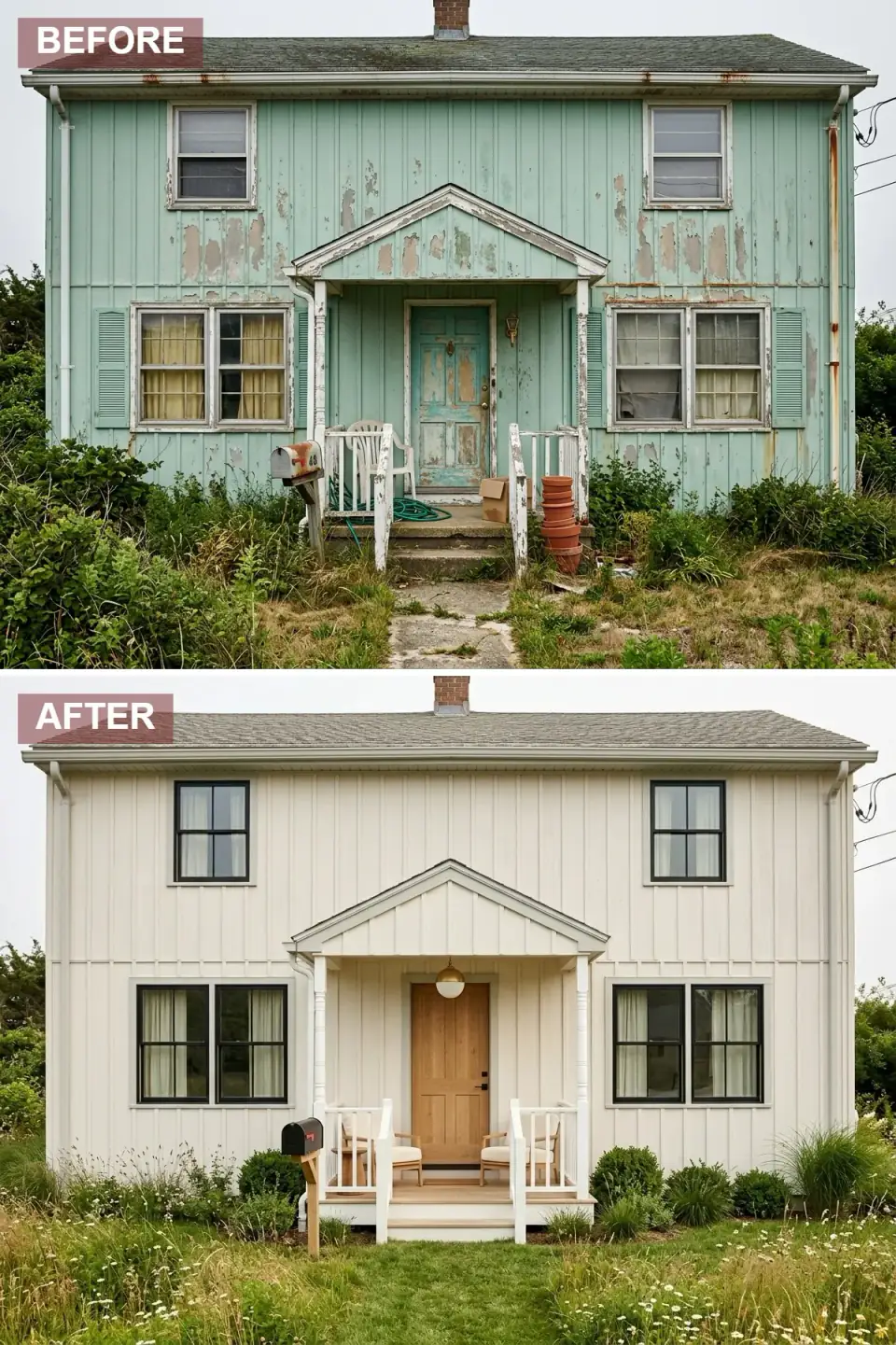 Classic home refinished in off-white board-and-batten siding with black-framed windows, a pale oak door, globe pendant light, and a native meadow-style front yard