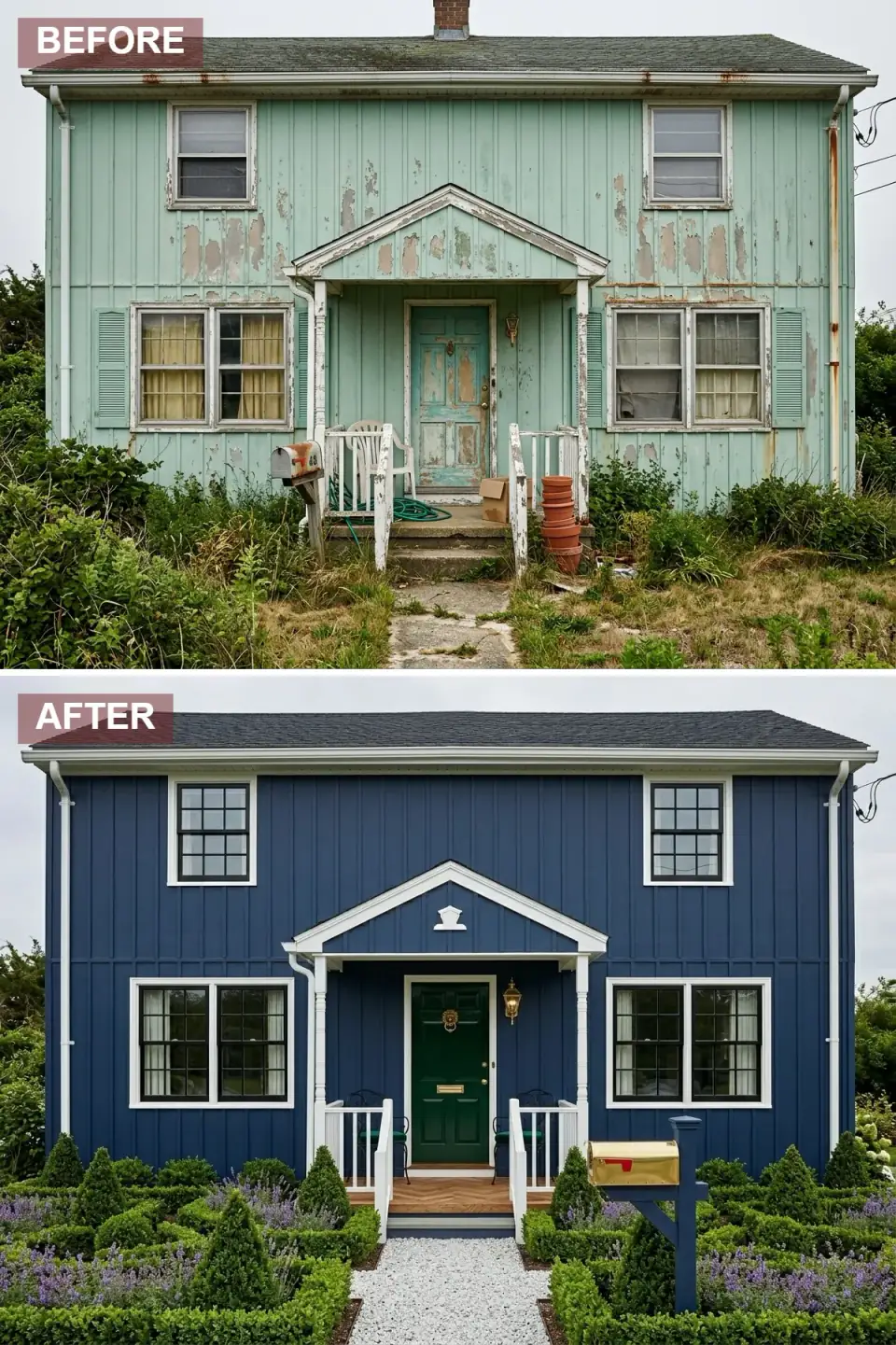 Colonial-style home in navy blue clapboard with white trim, a hunter green paneled door with brass lion knocker, boxwood parterres, and formal gravel paths