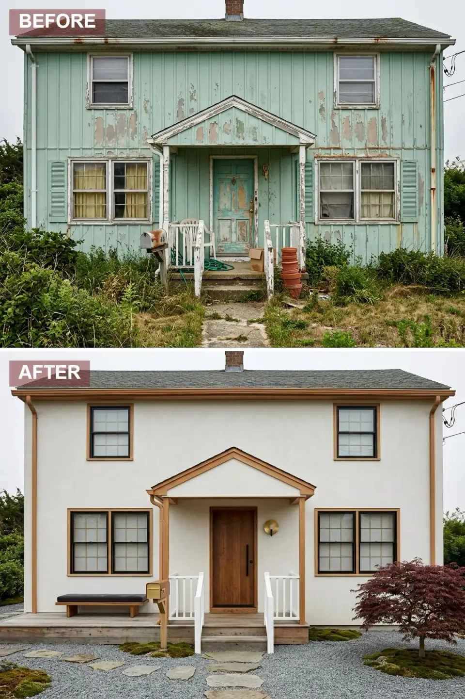 Cream-colored home with caramel wood trim, a walnut slab door, a floating porch bench, and a raked gravel garden with flagstones, moss, and a Japanese maple