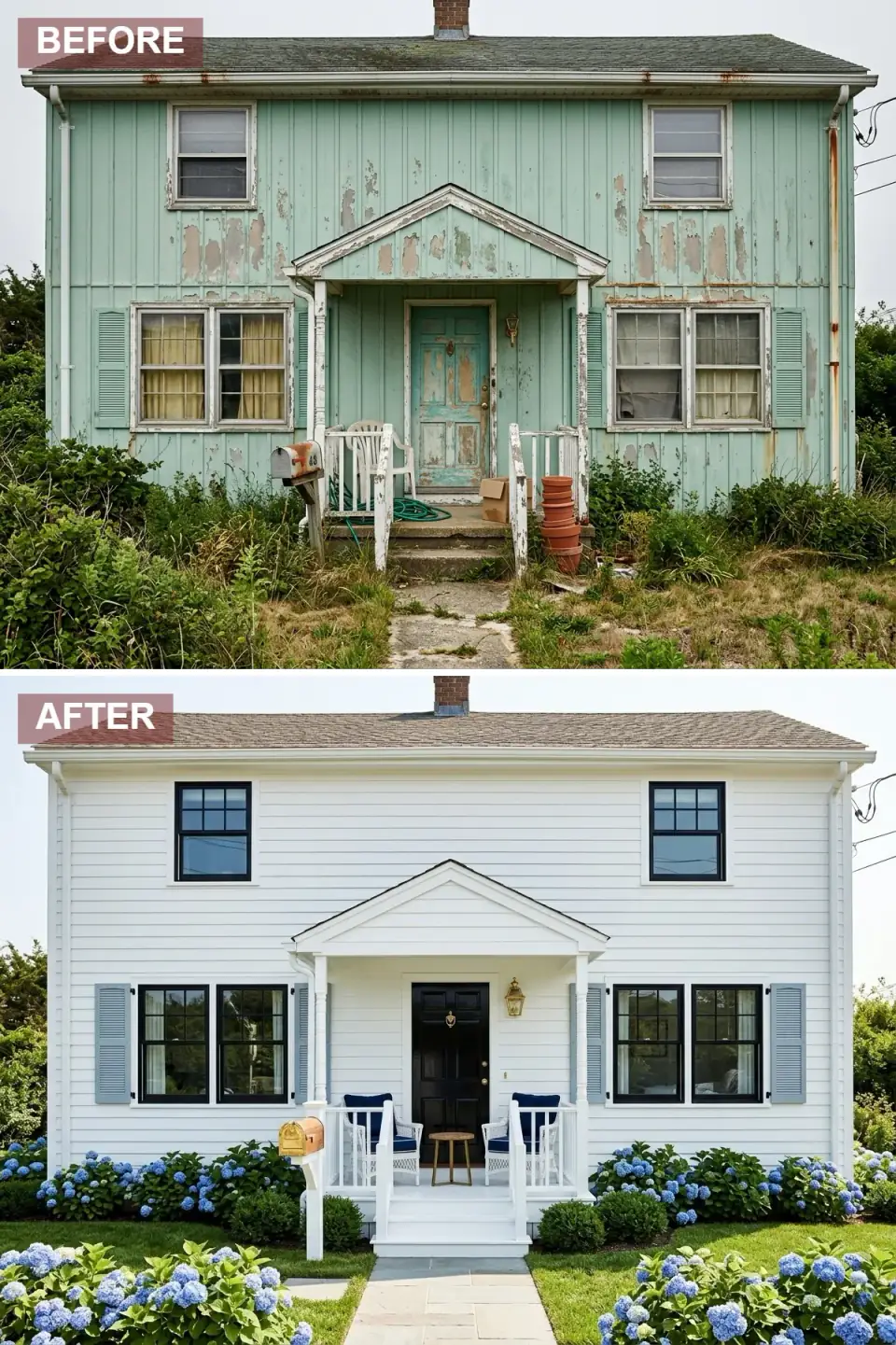 White clapboard New England home with soft gray louvered shutters, a glossy black door, six-over-six windows, white wicker porch furniture, and symmetric blue hydrangeas
