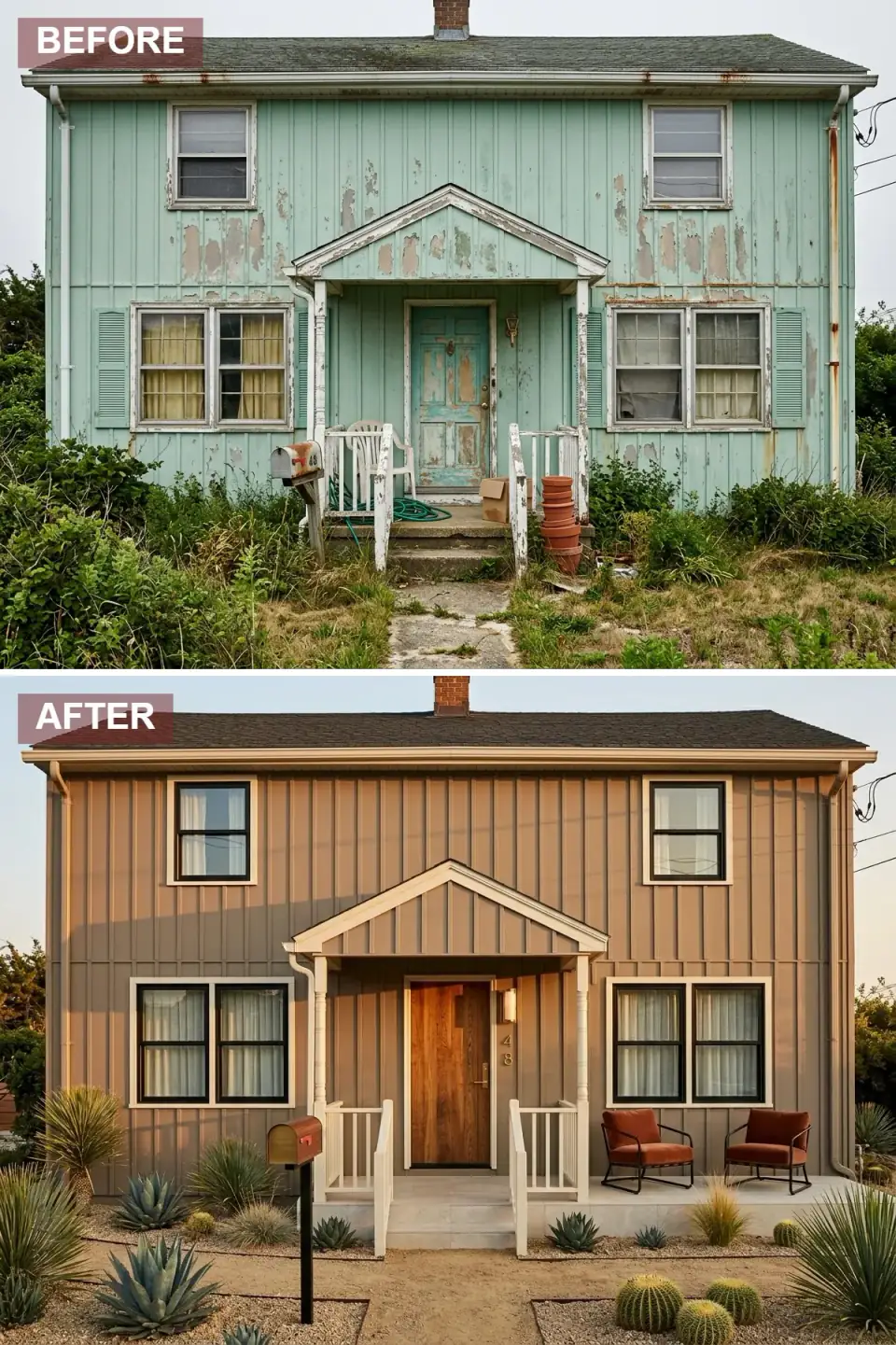 Home wrapped in warm sand-toned vertical siding with white trim, a natural wood door, and a fully xeriscaped front yard of gravel, agave, barrel cacti, and yucca
