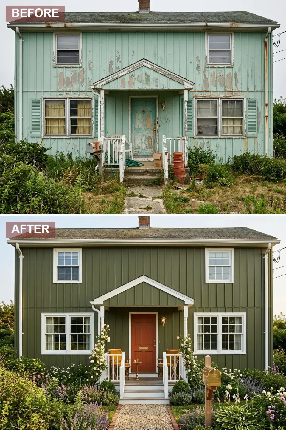 Deep olive green board-and-batten cottage with white casements, a terracotta-red door, climbing roses on the porch posts, and an overflowing English perennial garden