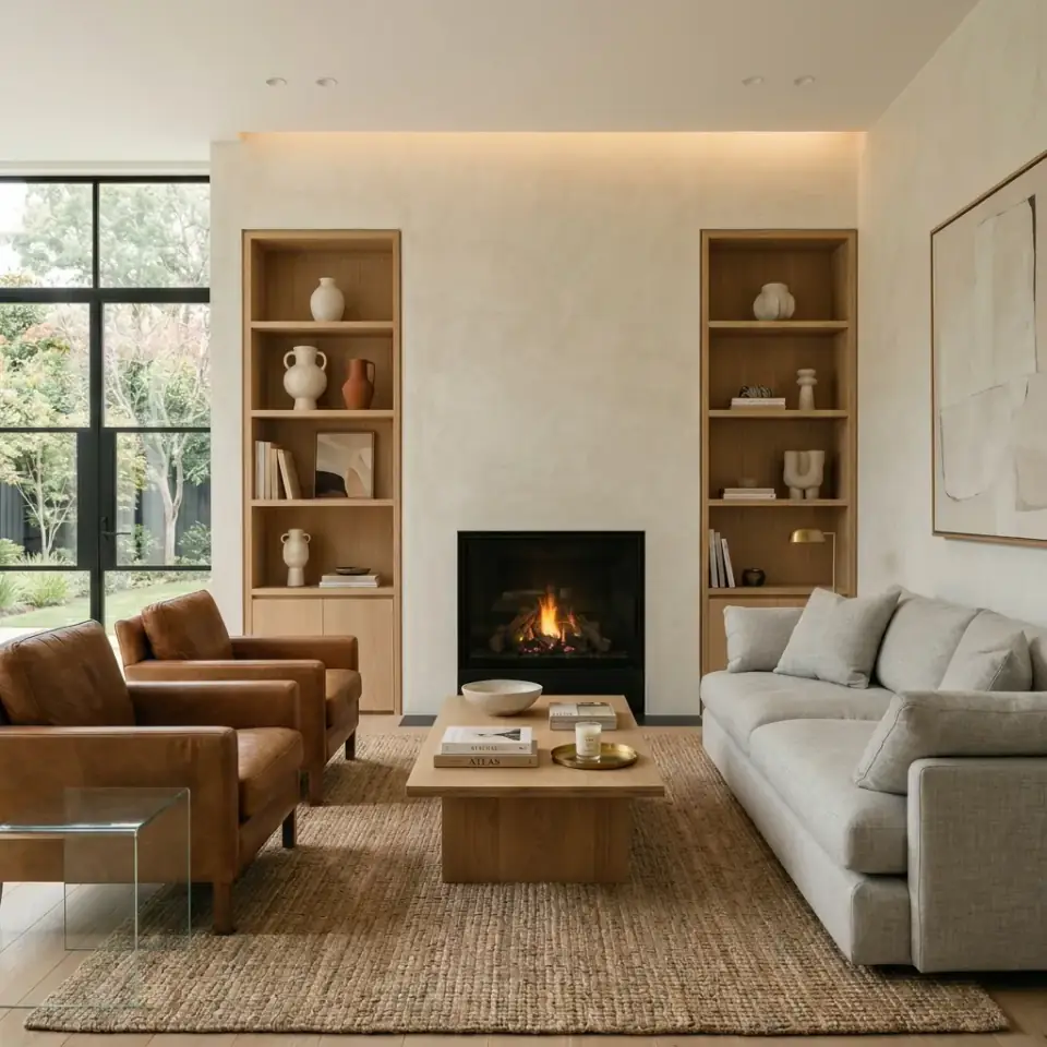 Quiet Luxury Living Room: Plaster Walls & Oak Built-ins