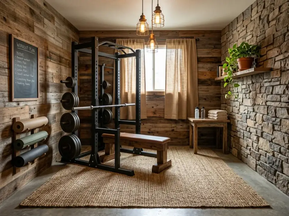 Rustic industrial home gym with a reclaimed wood plank feature wall, stacked stone veneer, industrial cage pendant lights, a jute rug over polished concrete, and a matte black power rack
