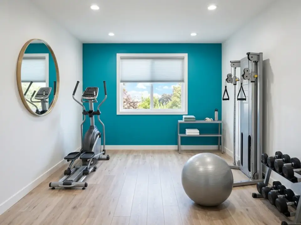 Bright minimalist home gym with white walls, a bold teal accent wall, light oak wide-plank flooring, an oversized round brass mirror, and sleek silver cardio and cable equipment