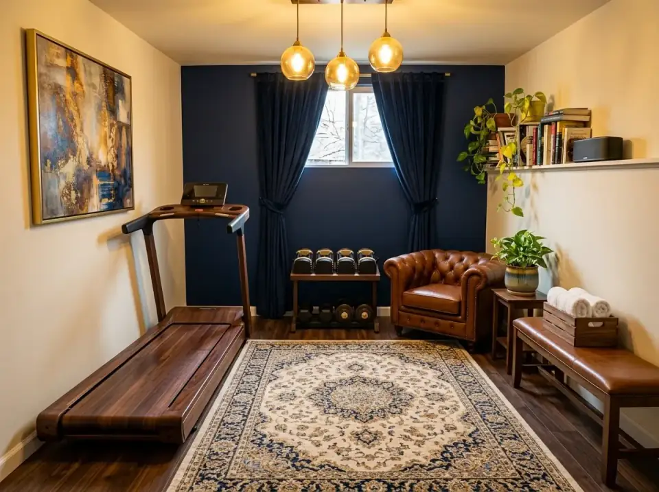 Home gym disguised as a traditional club study with deep navy walls, dark walnut floors, a leather Chesterfield armchair, a Persian-style rug, brass pendants, and a wood-finished treadmill