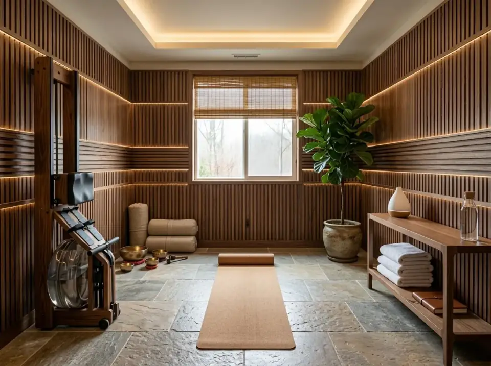 Japandi-style wellness home gym with floor-to-ceiling vertical wood slat paneling, hidden LED cove lighting, natural stone tile floor, a wood water rower, and a large fiddle leaf fig