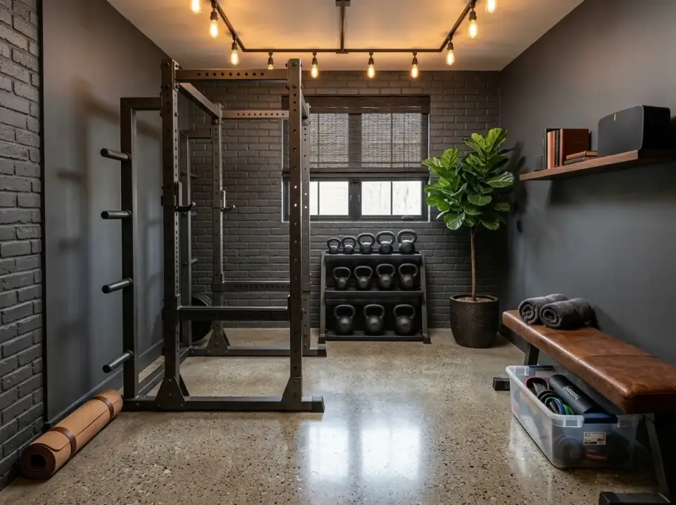Moody industrial home gym with charcoal painted brick walls, polished concrete floor, exposed conduit track lighting with Edison bulbs, a dark metal power rack, and a saddle leather bench