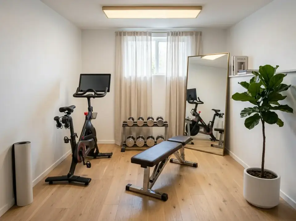 Scandinavian home gym with pure white walls, blonde oak engineered wood floors, an oversized brass floor mirror, sheer linen curtains, a compact spin bike, and chrome dumbbells on a low rack