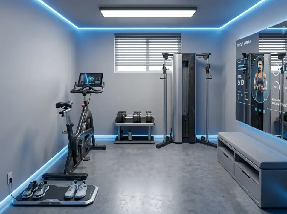 Futuristic high-tech home gym with cool grey walls, polished concrete floor, perimeter blue LED ceiling strip lighting, a smart fitness mirror, carbon-fiber-finish equipment, and a sleek storage bench
