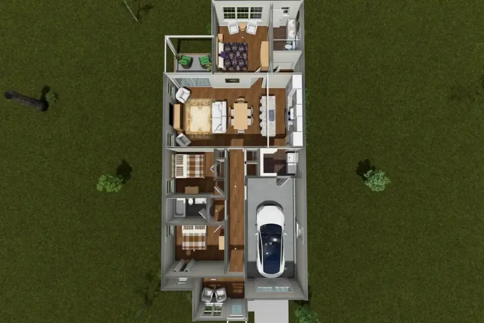 Three-quarter front view of Plan 52549WM showing the linear footprint, narrow gable ends and the contrast between smooth stucco walls and wood-slat siding in the gables