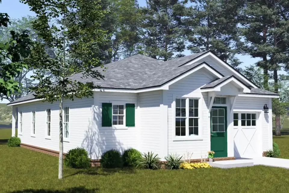 Side elevation of Plan 52549WM showing the long 65 foot 4 inch depth, gable-end roofline and consistent material treatment along the long wall