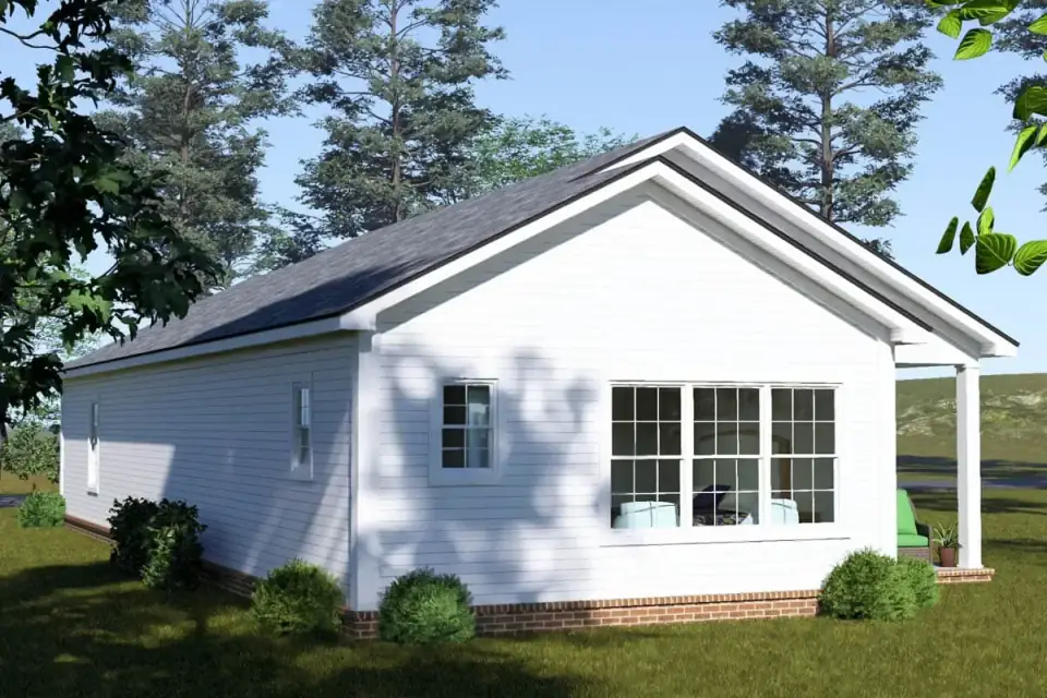 Rear elevation of Plan 52549WM showing the primary suite window and the secondary bedroom windows on the long wall