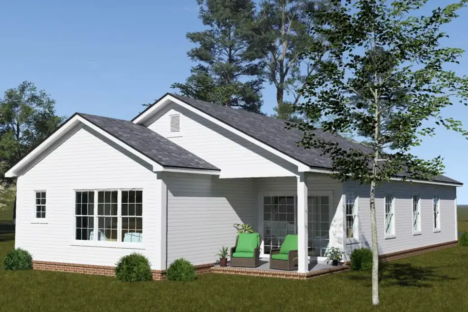 Detail view of the side porch off the living area showing the 10 by 8 foot outdoor extension with sliding glass door access