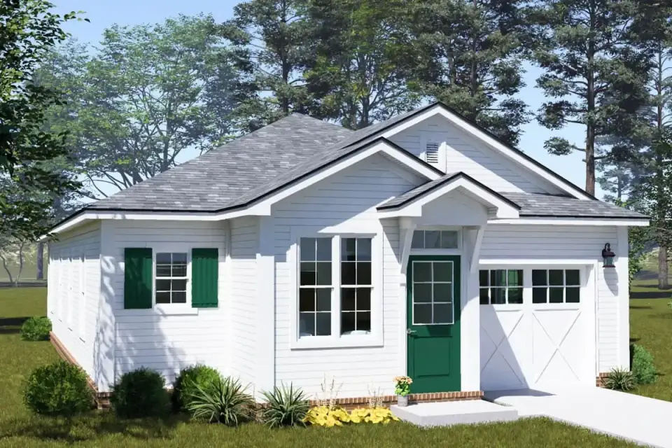 Dusk view of Plan 52549WM with interior lighting visible through the dark-framed windows and the entry porch lit warmly