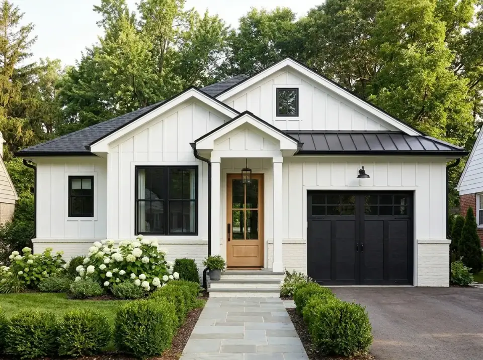 Modern Farmhouse facade variation of Plan 52549WM with white board-and-batten siding, black window frames, a black standing-seam metal accent roof over the porch, a natural wood front door, dark carriage-style garage doors and painted brick foundation with hydrangeas and boxwoods