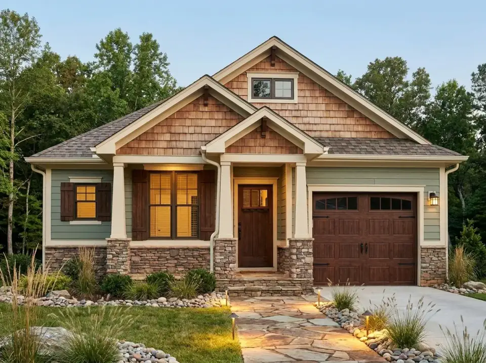 Rustic Craftsman facade variation with cedar shake siding in the gables, olive green lap siding below, a substantial stone veneer foundation and column bases, timber brackets in the gables, thick wood posts, a wood-look garage door and entry door with naturalistic landscaping