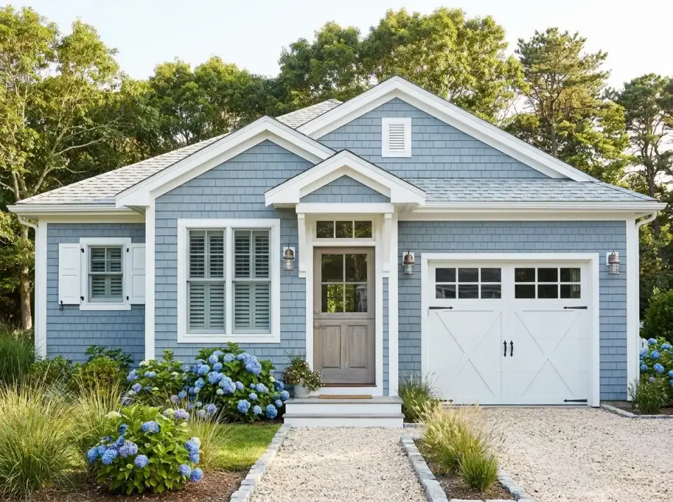 Coastal Cottage facade variation with soft blue cedar shake siding, crisp white trim and fascia, a white carriage-house style garage door, a Dutch-style entry door with weathered wood finish, abundant blue hydrangeas, beach grasses and a crushed shell or gravel driveway