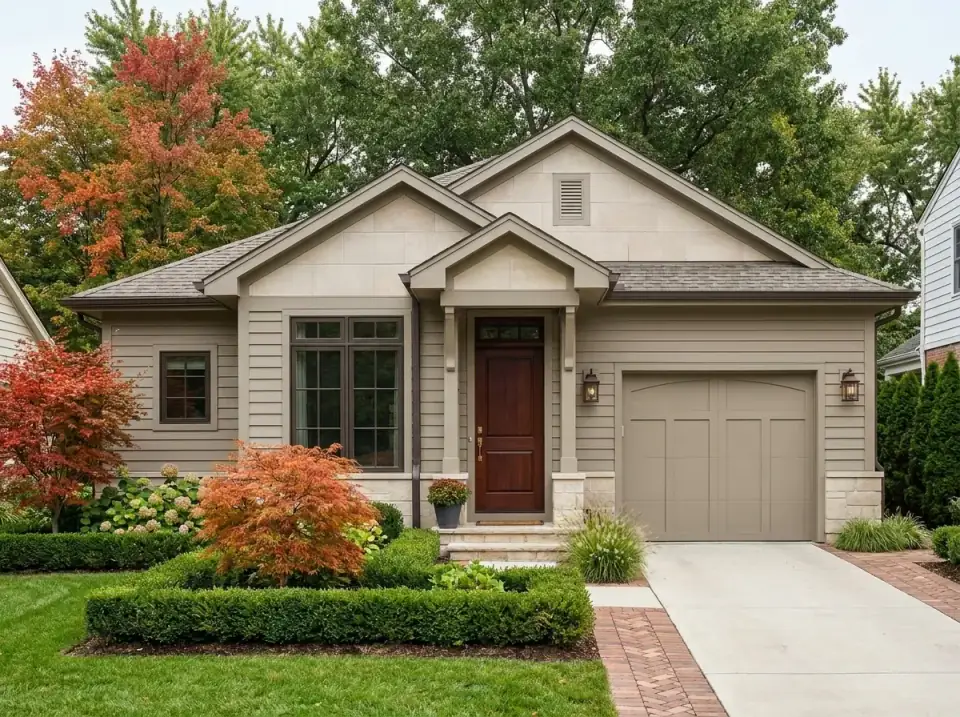 Transitional Stone facade variation with monochromatic taupe palette, horizontal lap siding paired with large-format smooth stone veneer panels on the main gable and entryway surround, a dark wood front door, color-matched garage door, manicured low hedges, a Japanese maple and a herringbone brick pathway
