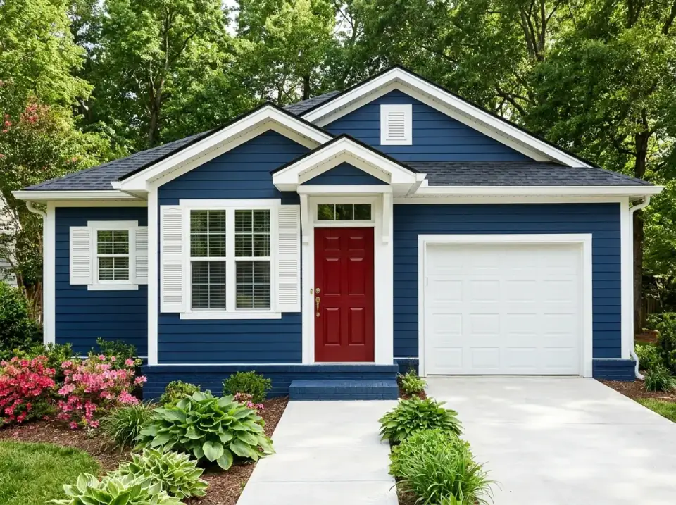 Classic American facade variation with deep navy blue lap siding, white trim, white louvered shutters, a bold red front door, white panel garage door, blooming azaleas, hostas and a standard concrete driveway