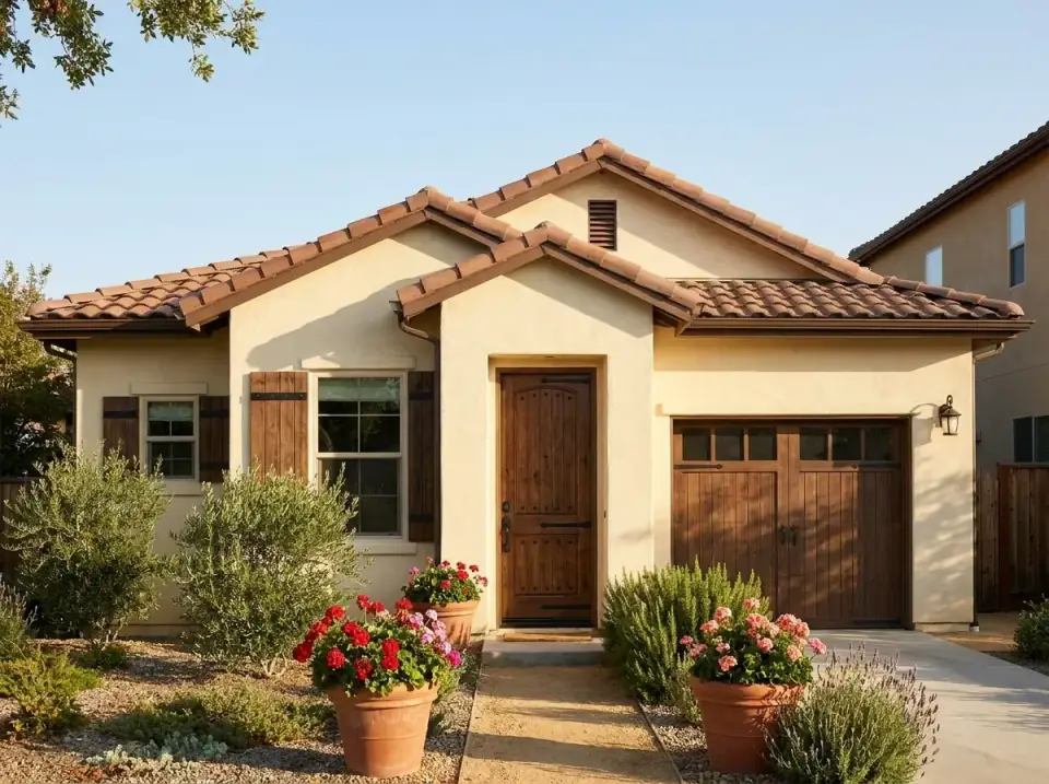 Mediterranean Villa facade variation with warm cream stucco walls, signature red barrel-tile roof, dark rustic wood shutters, a heavy wood plank front door with iron hardware, carriage-style garage door, terracotta planters with red geraniums, olive bushes and lavender, and decomposed granite pathways