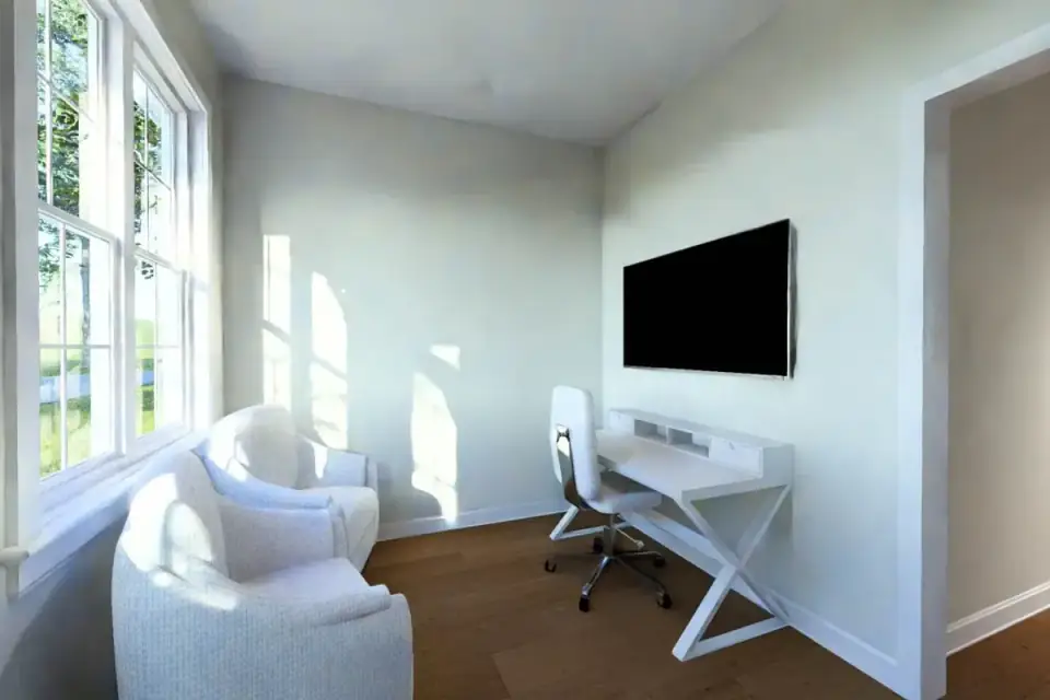 Great room interior render showing the vaulted ceiling, large windows on the long wall, open flow to the dining area and the central kitchen island in the background
