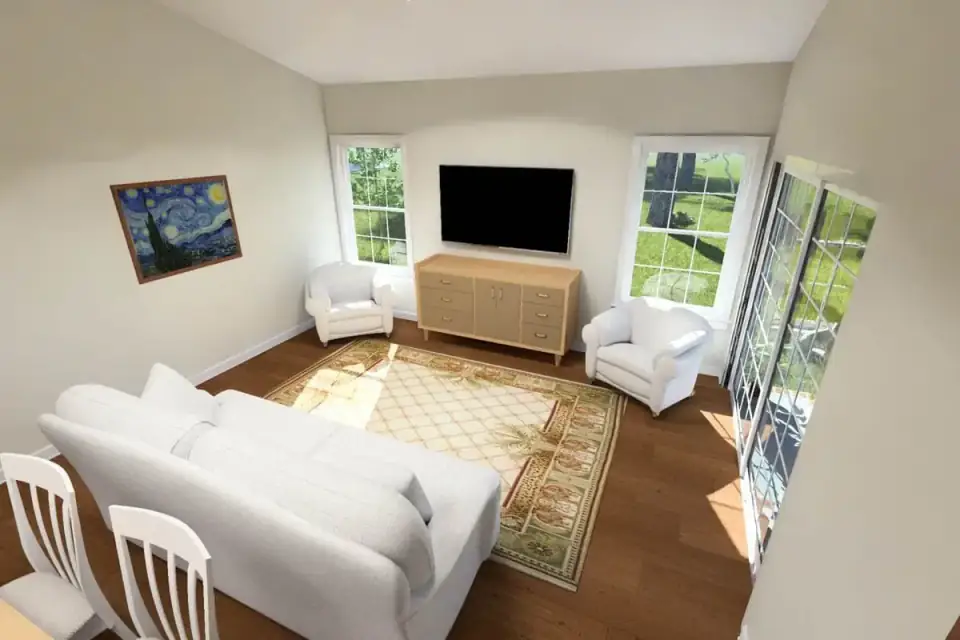 Study render at the front entry showing built-in shelving, a desk and natural light from a front-facing window