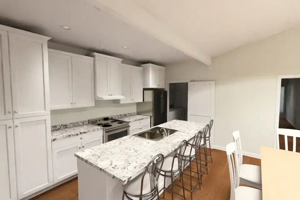 Mudroom and laundry render showing bench seating, hooks, the washer and dryer side-by-side and access to the walk-in pantry