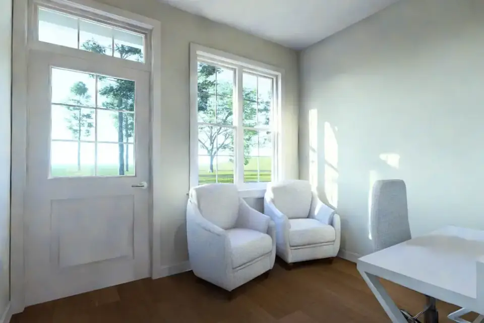 Kitchen render showing shaker-style cabinetry, a central island with sink and dishwasher, light wood flooring and transitional finishes