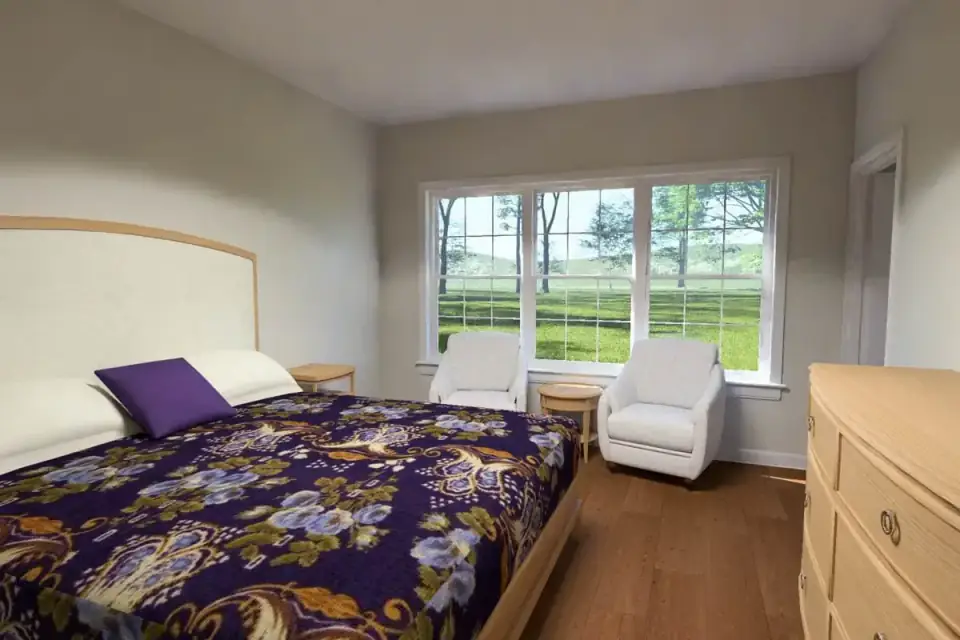 Primary bedroom suite render with vaulted ceiling, large windows on two walls and ample space for furniture