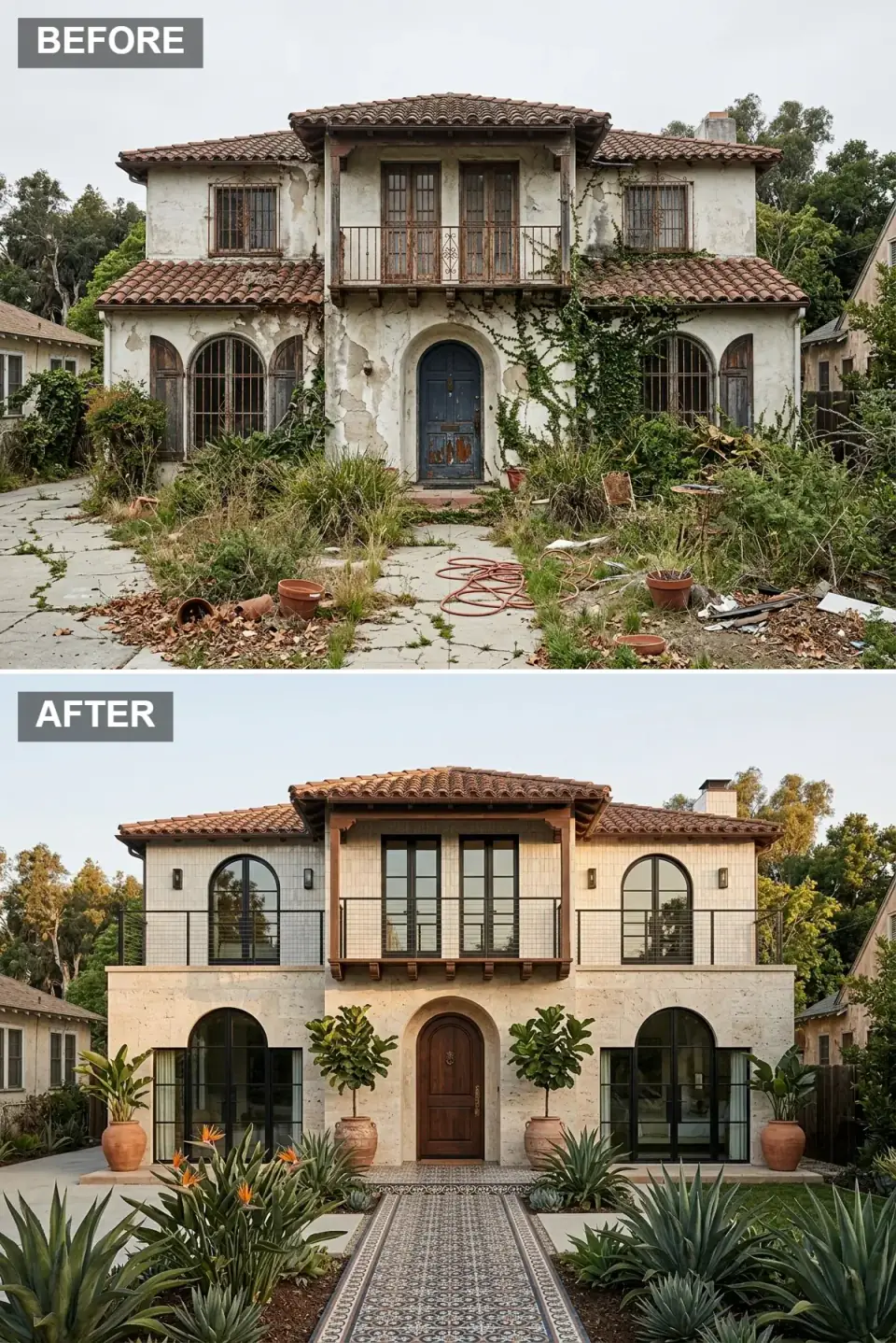 Restored Mediterranean home with stone-clad lower level, slim black steel arched windows, walnut entry door, terracotta urns with fiddle-leaf figs, and a patterned mosaic tile walkway
