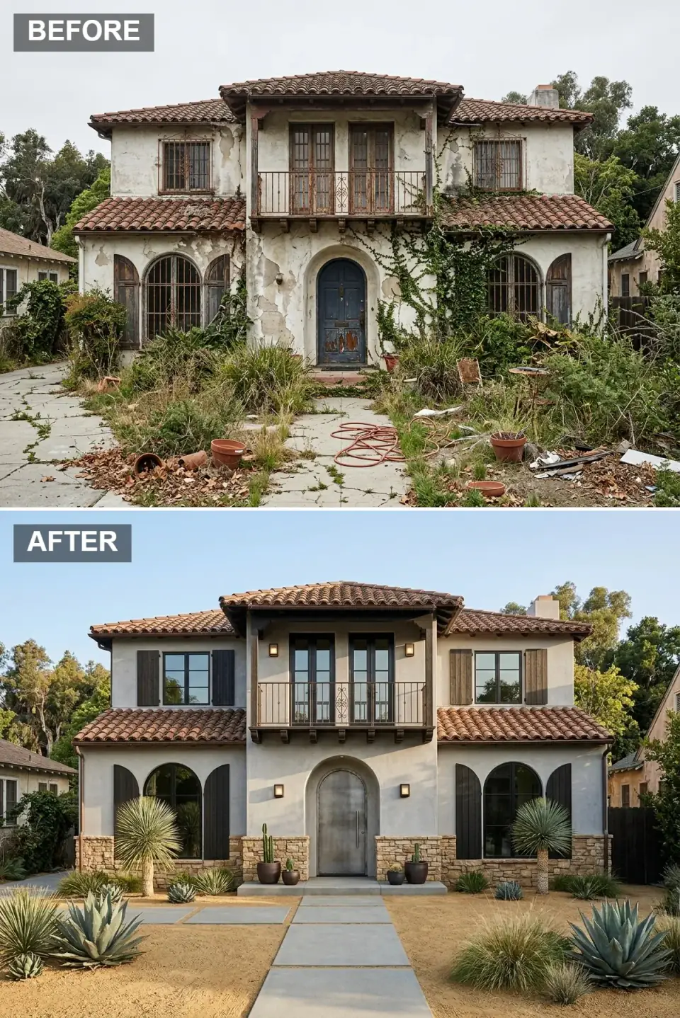 Desert modern hacienda facade with stacked-stone wainscot, smooth greige stucco, dark wood shutters, industrial steel arched entry, and a xeriscape of decomposed granite, yucca and columnar cacti