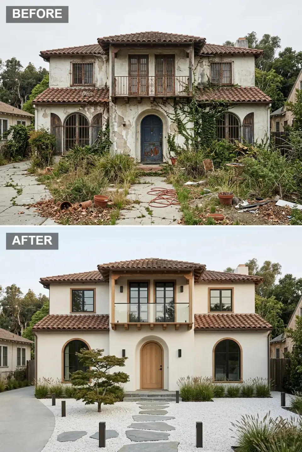 Japandi-style ivory stucco facade with natural oak window trim, frameless glass balcony on timber posts, oak arched door, and a Zen garden of white pea gravel, bluestone stepping stones and a Japanese maple