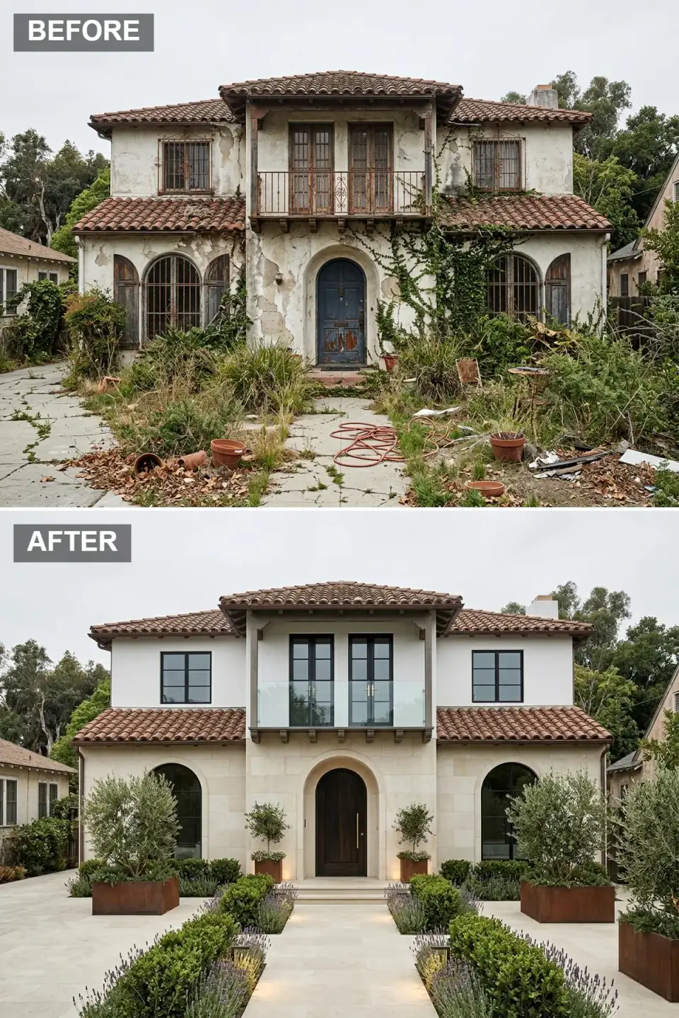 Formal French estate facade with full limestone ashlar cladding, off-white stucco, frameless glass balcony rail, walnut arched door, corten planters with olive trees, boxwood hedges and lavender rows