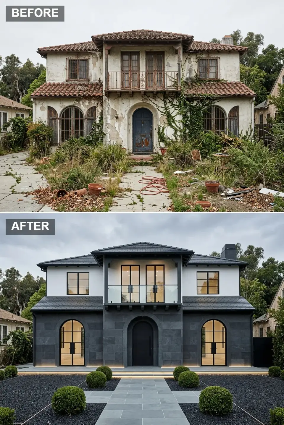 Moody contemporary facade with large-format slate-grey stone base, pearl stucco upper level, dark slate roof, black steel arched windows glowing amber, matte black door, and black gravel with clipped boxwood spheres