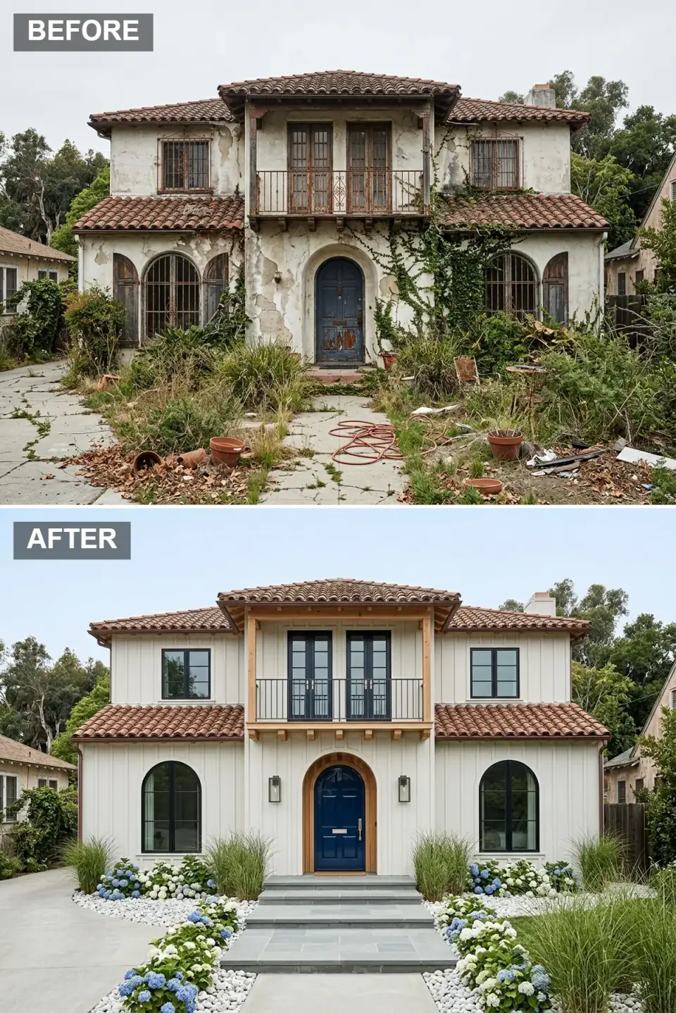 Coastal cottage revival in white board-and-batten siding with cedar trim, black-framed windows, an arched navy paneled entry door, hydrangeas, ornamental grasses and bluestone steps